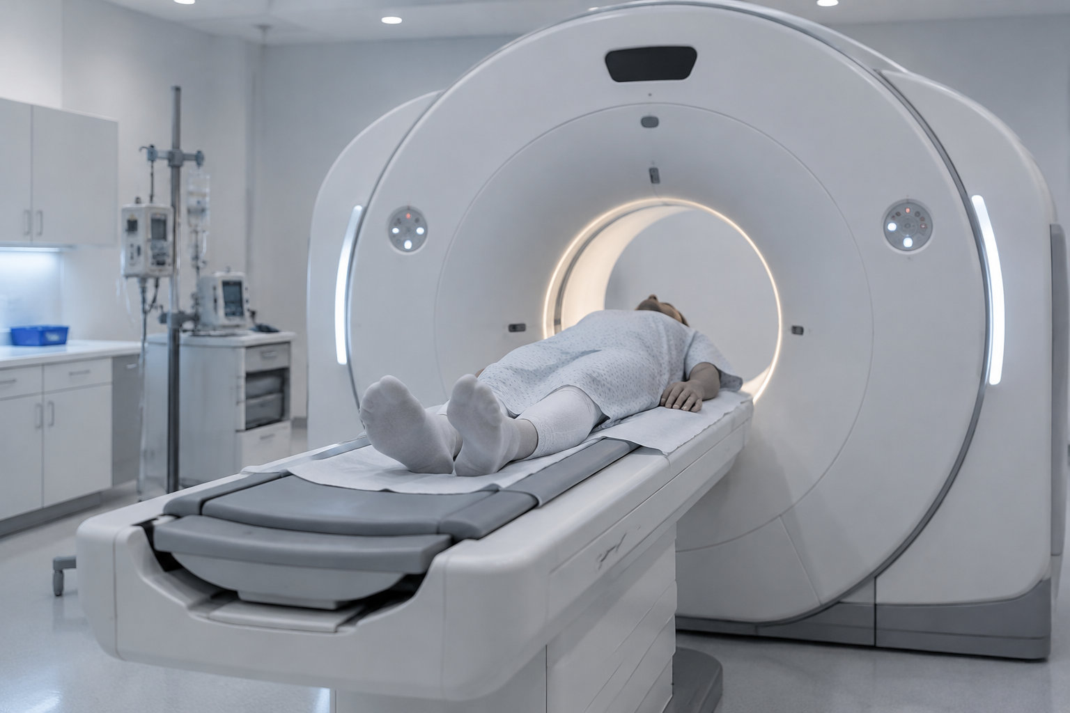 Une personne allongée sur une table d’examen passe dans un appareil d’imagerie médicale circulaire, dans une salle de soins.