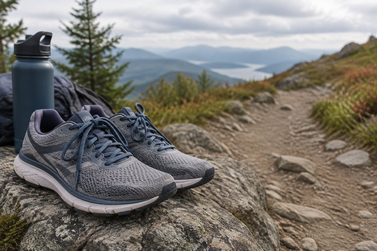 Une paire de chaussures de randonnée et une gourde sont posées sur un rocher au bord d’un sentier, avec des montagnes et un lac en arrière-plan.