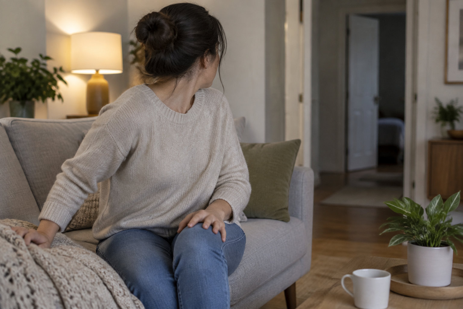 Une femme assise sur un canapé se retourne pour regarder vers une porte ouverte dans un salon éclairé par une lampe.