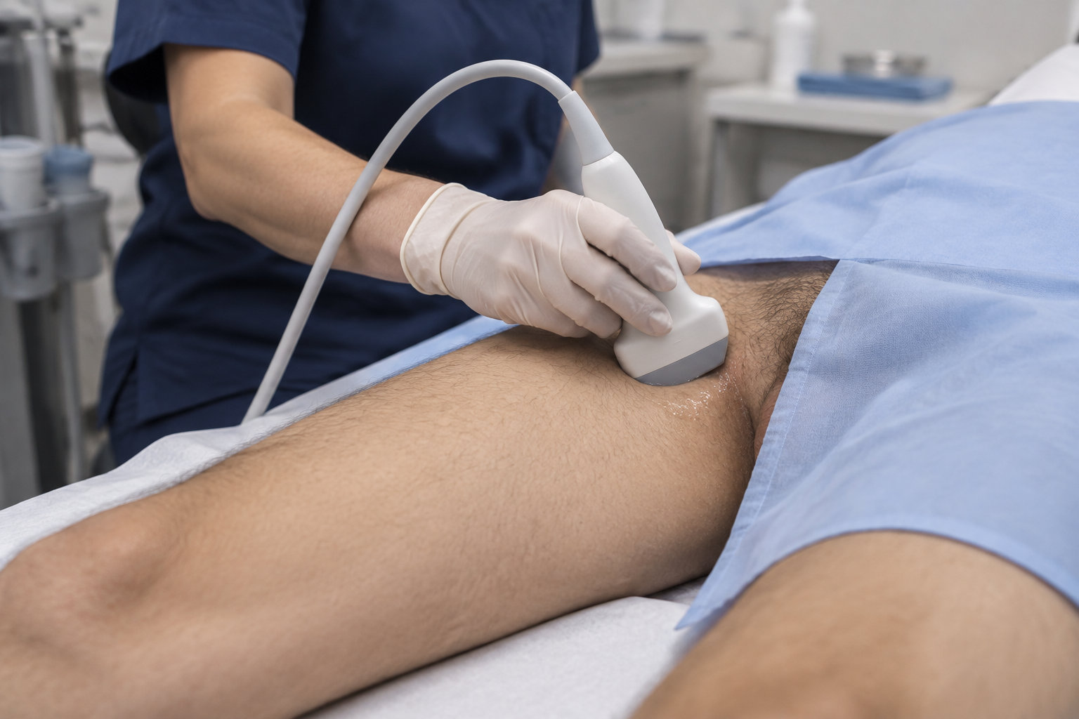 Une personne en blouse bleue passe une sonde d’échographie sur le ventre d’un patient allongé, dont le corps est couvert d’un drap bleu.