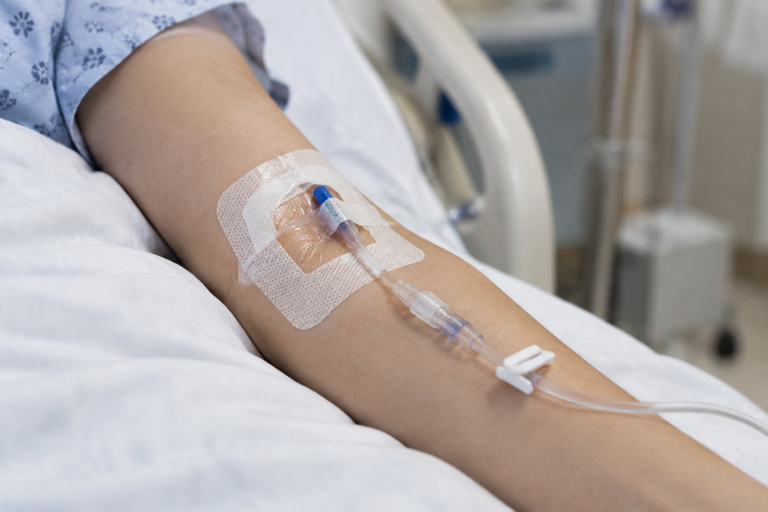 Un bras portant un cathéter fixé par un pansement repose sur un lit d’hôpital.