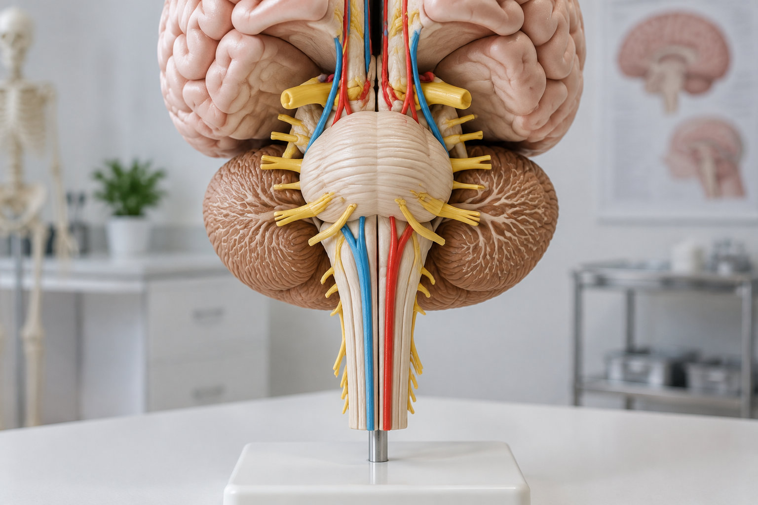 Une maquette anatomique du cerveau et du tronc cérébral, avec des nerfs et des vaisseaux colorés, est posée sur un support dans une salle médicale.