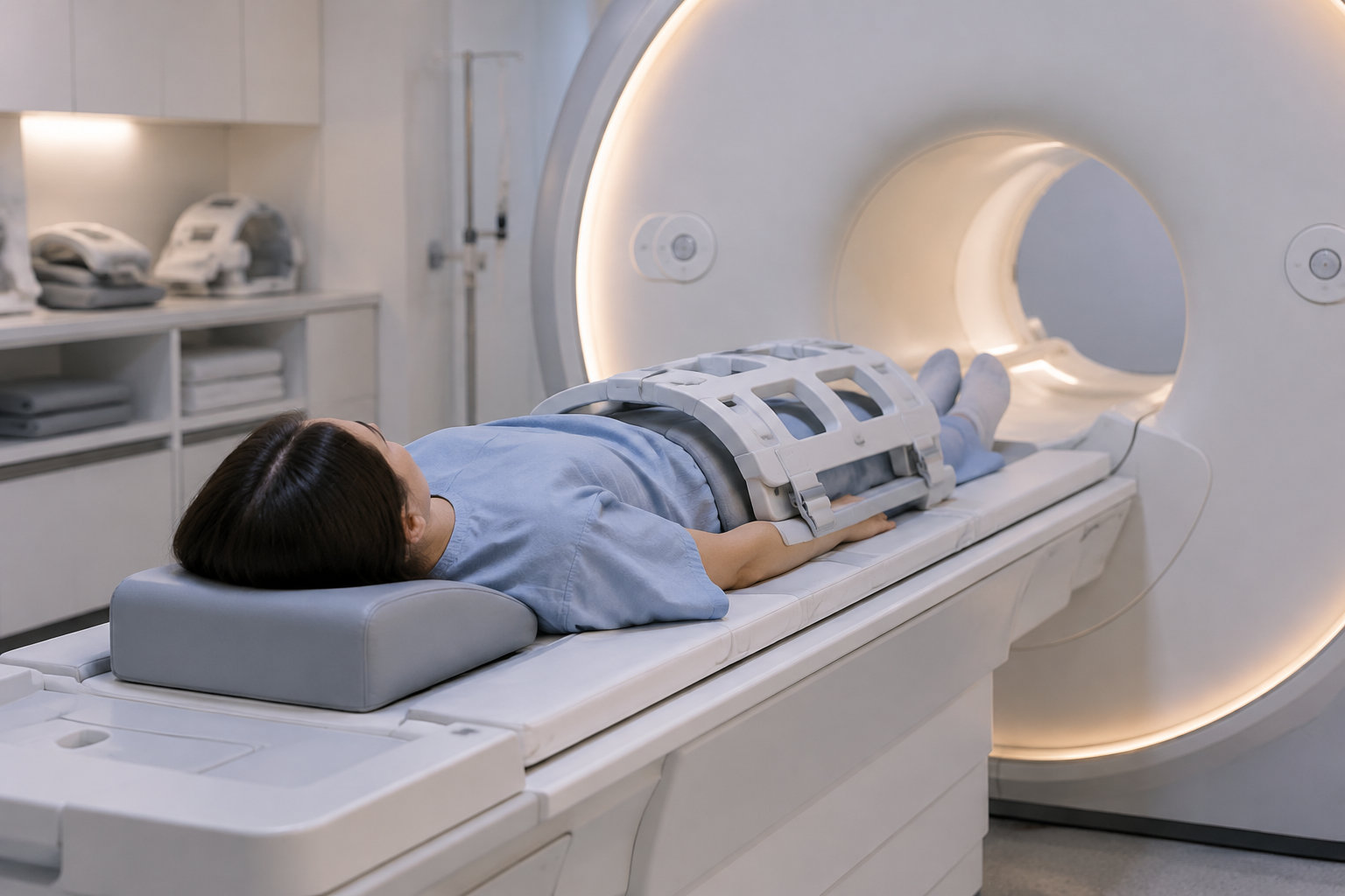 Une personne allongée sur la table d’un appareil d’imagerie médicale, maintenue par des sangles au niveau du bassin.