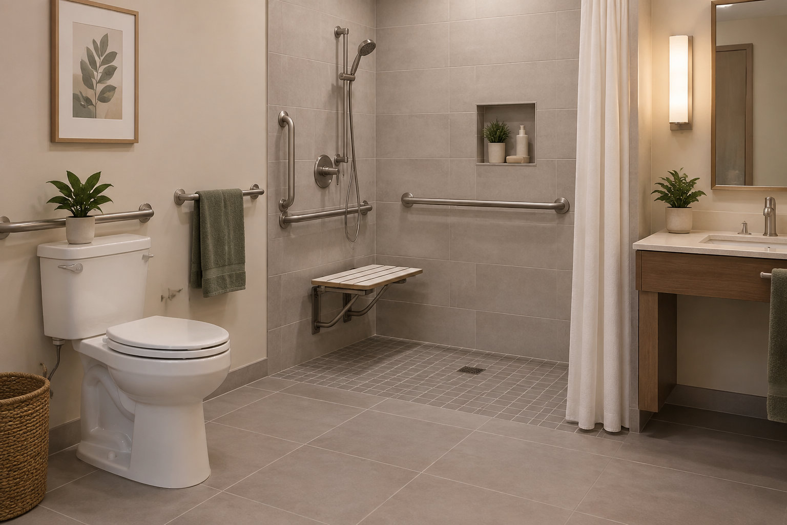 Une salle de bains avec douche à l’italienne équipée de barres d’appui et d’un siège rabattable, des toilettes, un lavabo et des plantes.