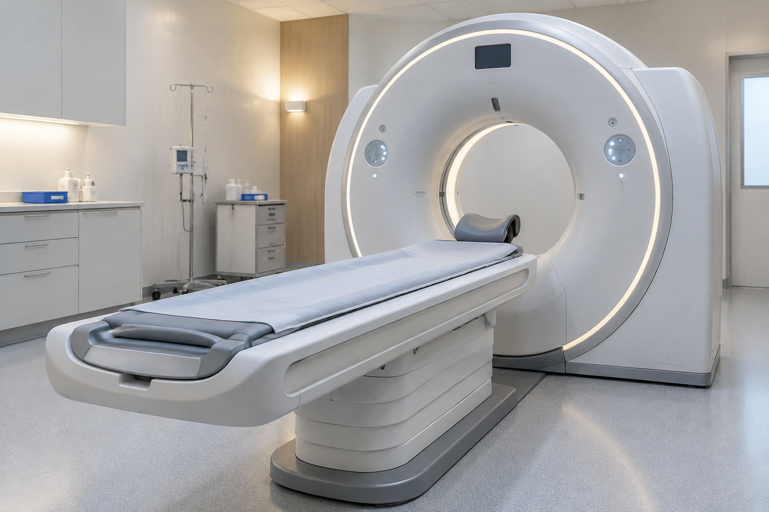 Un appareil d’imagerie médicale avec une table d’examen dans une salle de soins vide.