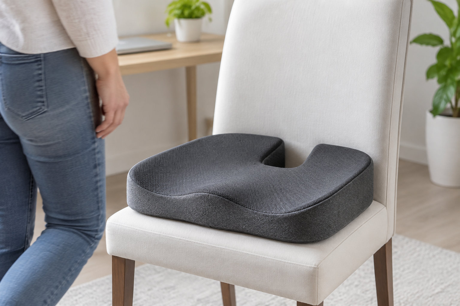 Un coussin ergonomique gris est posé sur une chaise claire, près d’une personne debout.