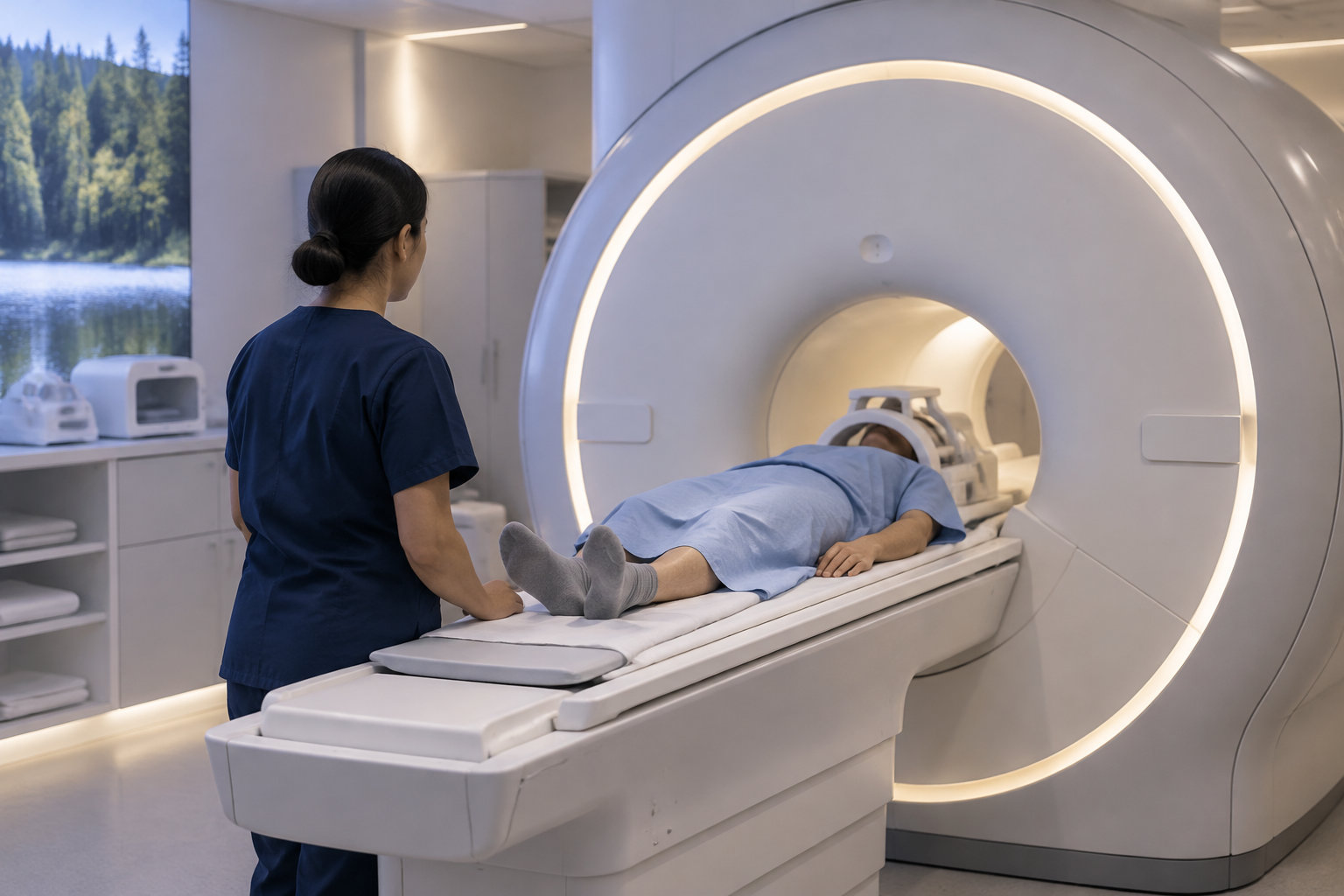 Une soignante accompagne un patient allongé sur la table d’un appareil d’imagerie médicale circulaire.