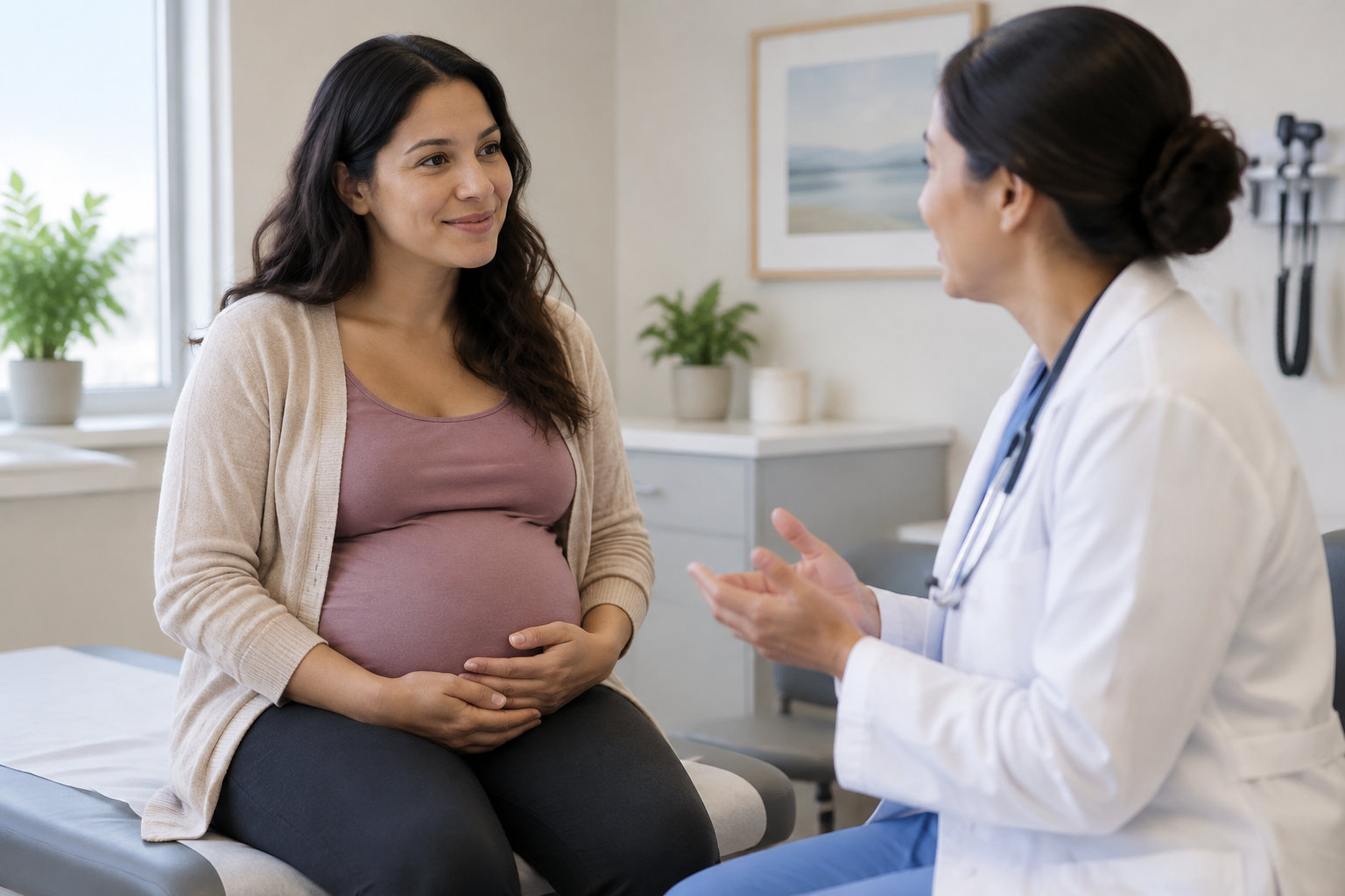 Une femme enceinte assise, les mains posées sur son ventre, échange avec une médecin en blouse blanche dans un cabinet médical.