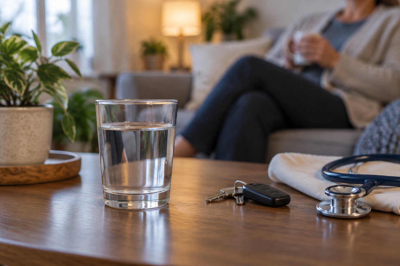 Un verre d’eau, des clés et un stéthoscope sont posés sur une table basse, devant une personne assise sur un canapé.