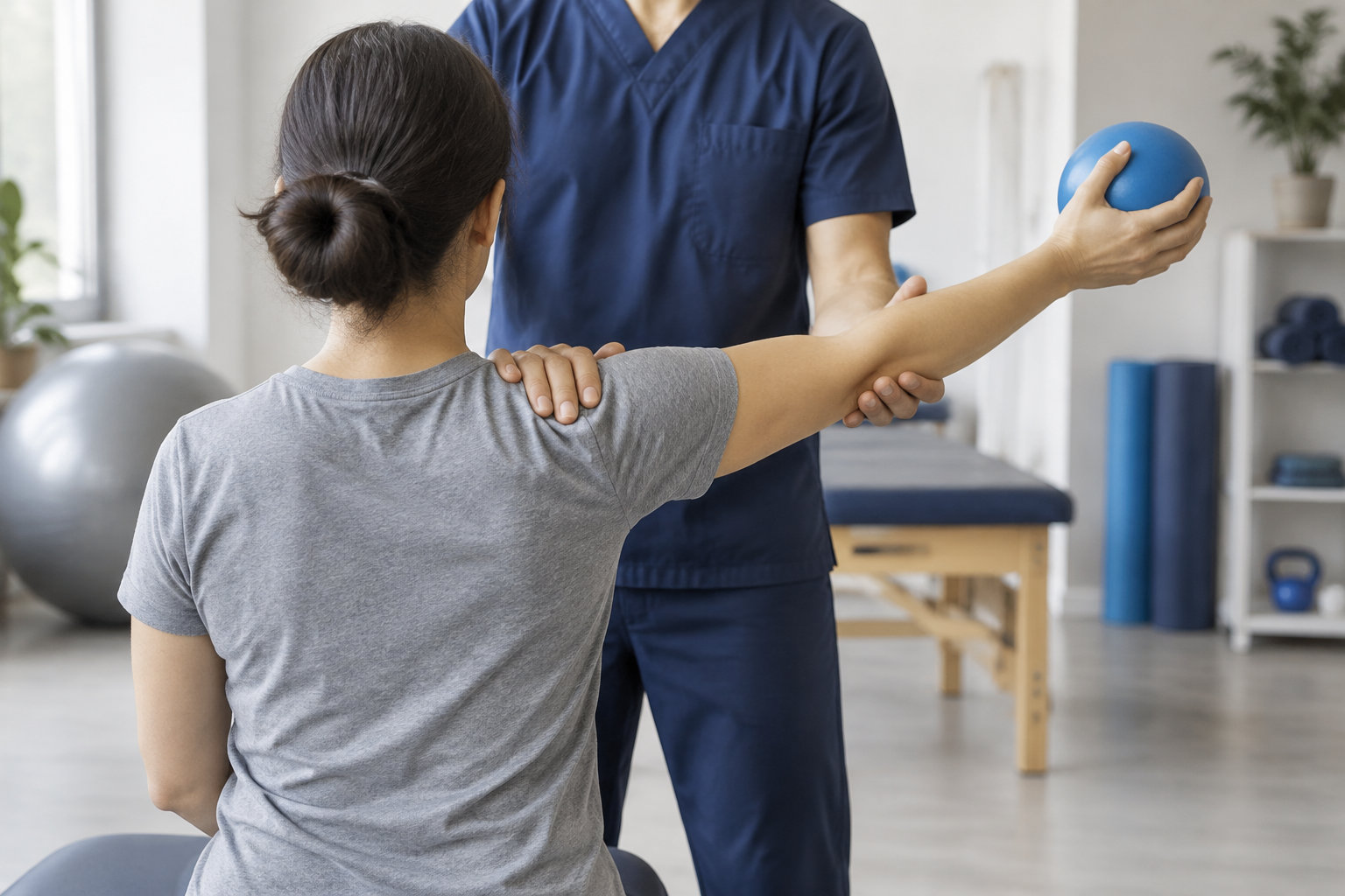 Une femme assise tend le bras en tenant une balle bleue tandis qu’un professionnel en tenue médicale soutient son épaule et son avant-bras dans une salle de rééducation.