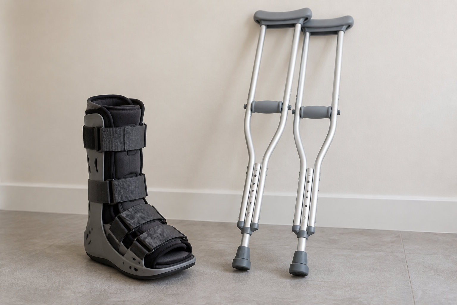 Une botte orthopédique noire et une paire de béquilles sont posées contre un mur, sur un sol carrelé.
