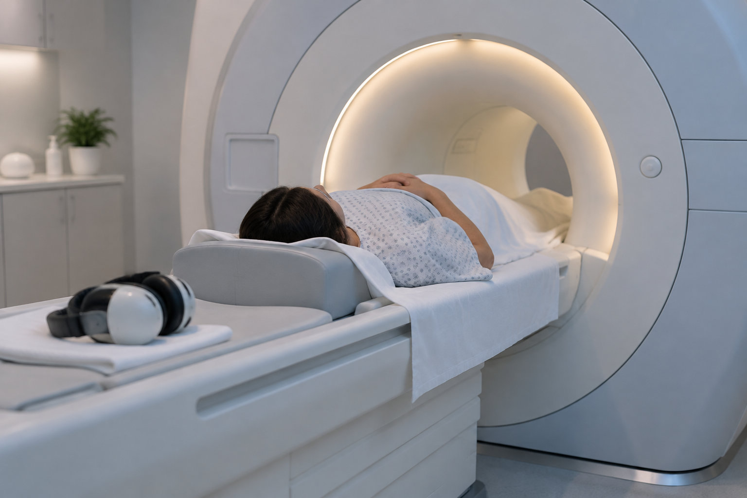 Une personne est allongée sur la table d’un appareil d’imagerie médicale, avec un casque audio posé à proximité.