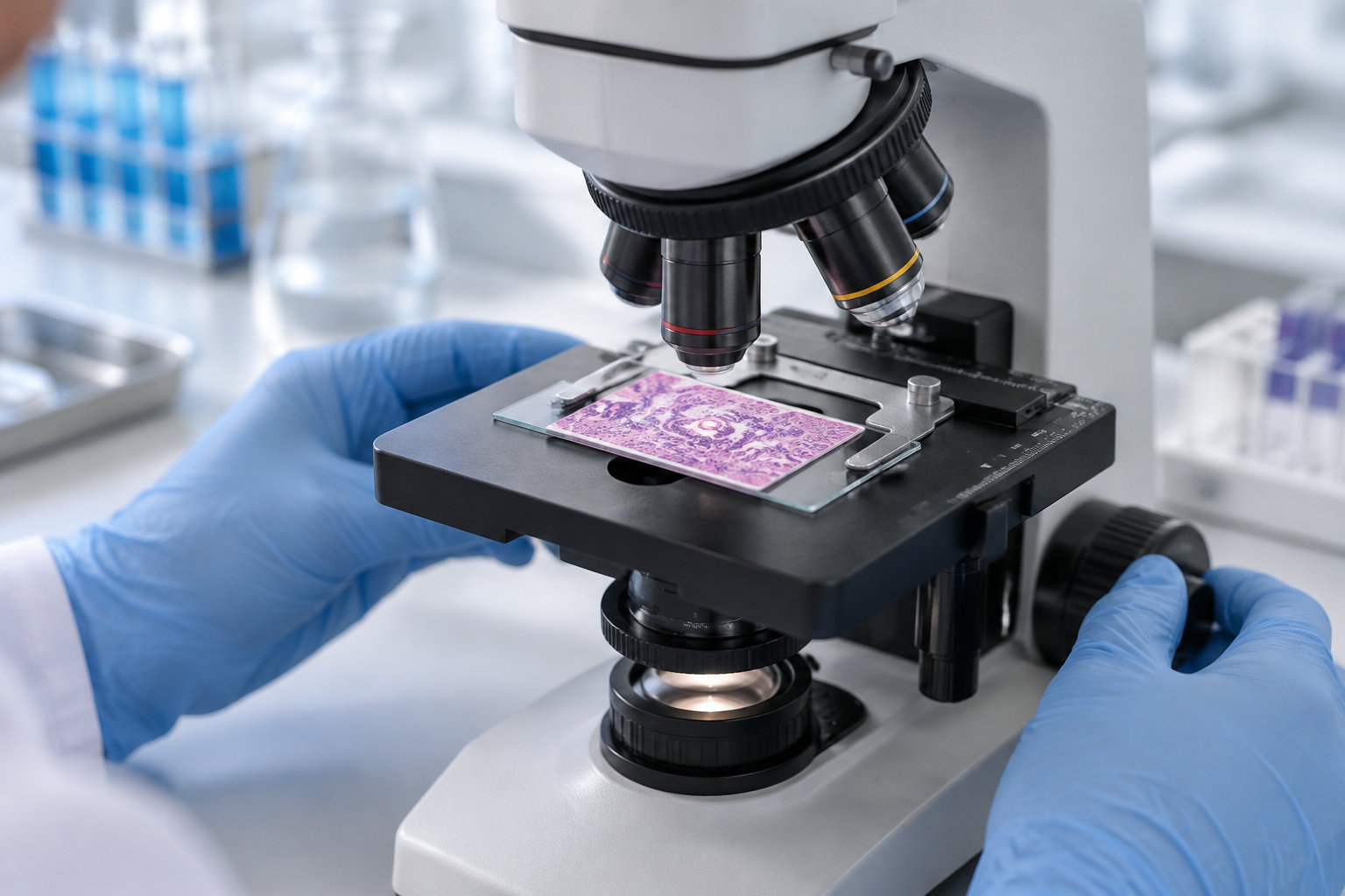 Des mains gantées manipulent un microscope au-dessus d’une lame portant un échantillon coloré.
