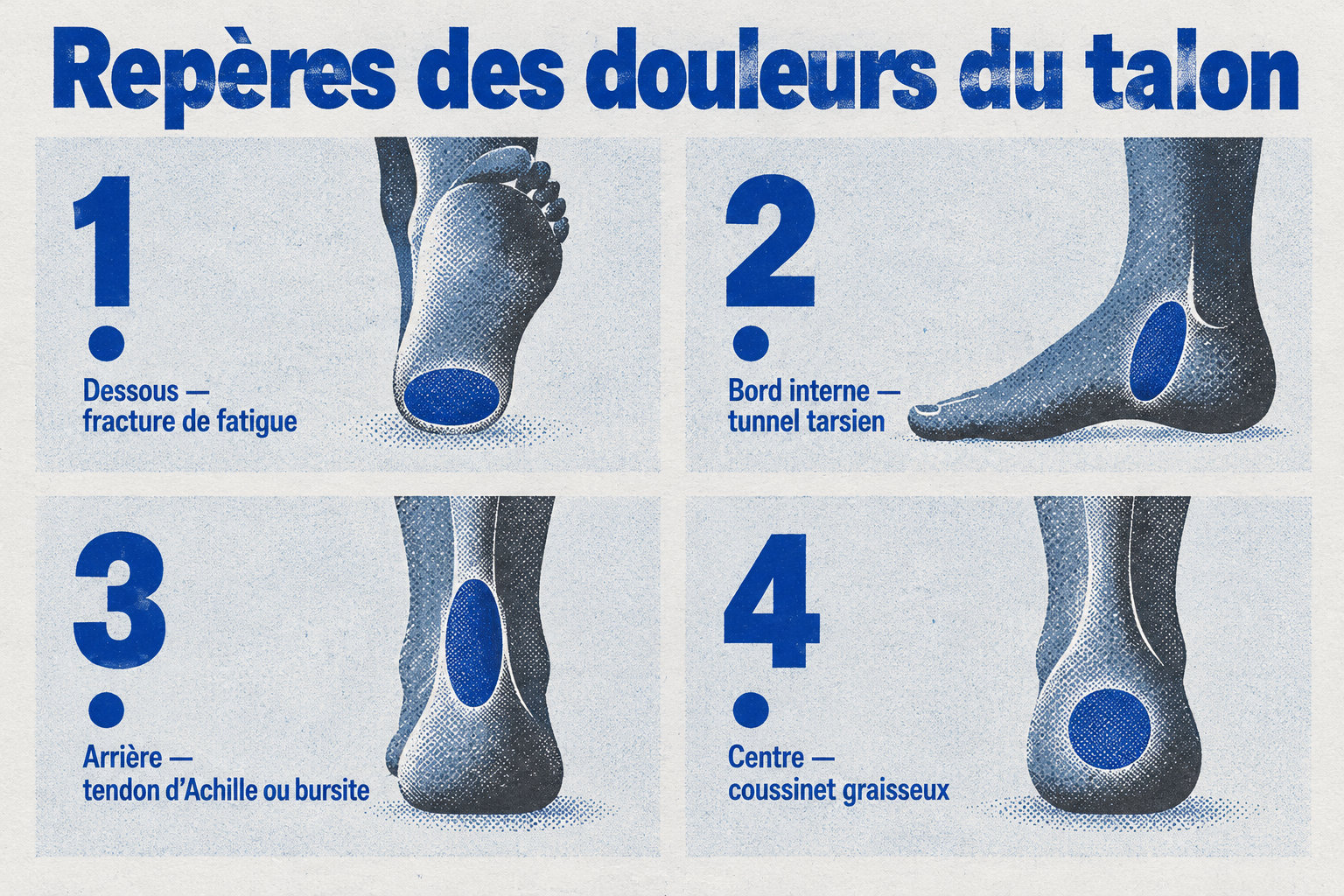 Les douleurs sous le talon peuvent orienter vers une fracture de fatigue, au bord interne vers un tunnel tarsien, à l’arrière vers le tendon d’Achille ou une bursite, et au centre vers le coussinet graisseux.