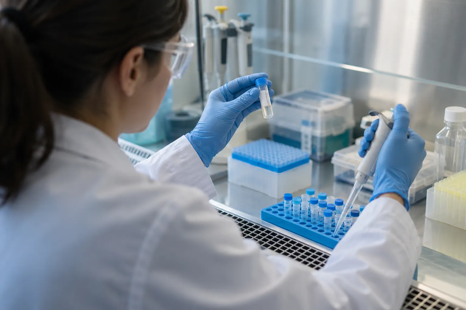 Scène illustrative de travail sur un échantillon dans un laboratoire de recherche.
