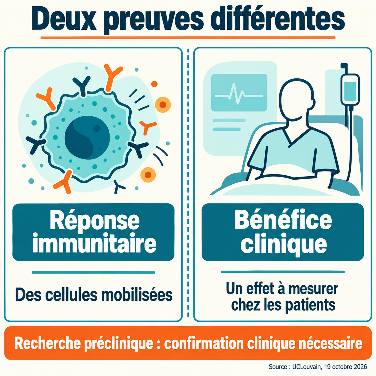 Schéma distinguant la mobilisation de cellules immunitaires et le bénéfice clinique à mesurer chez les patients.