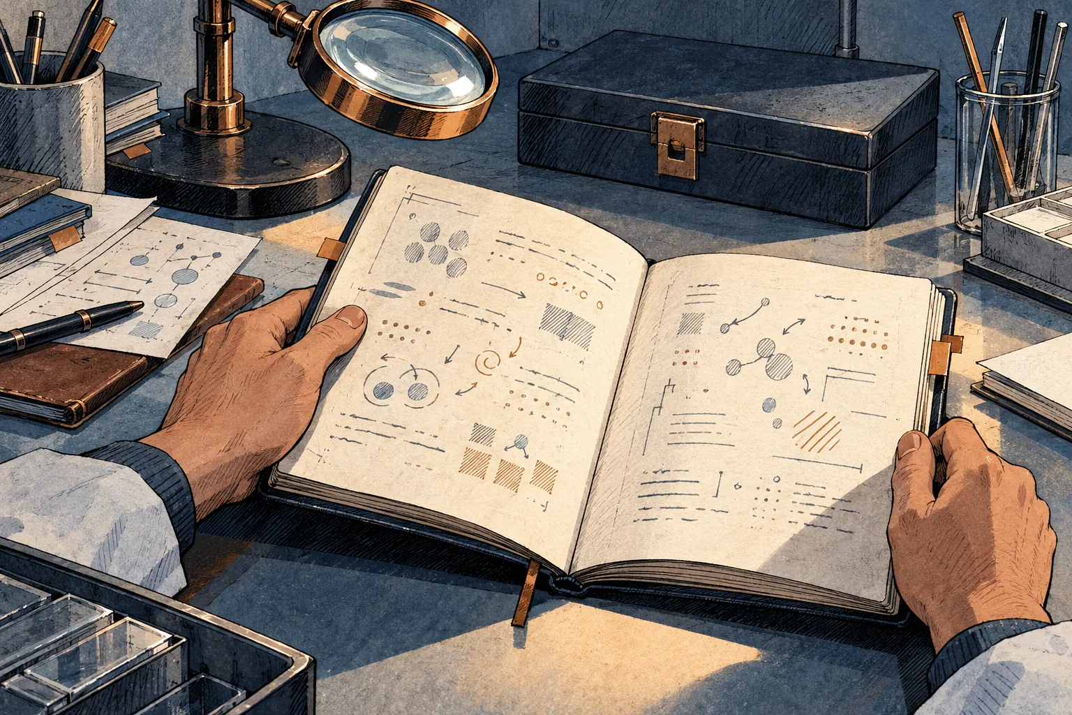Dessin d’un travail de recherche autour d’un cahier d’expériences et de matériel de laboratoire.
