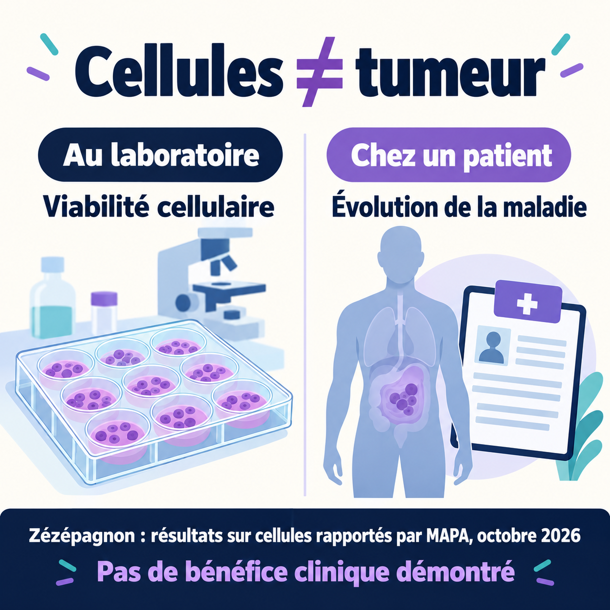 Schéma comparant une mesure de viabilité sur cellules cultivées et l’évaluation de la maladie chez un patient.
